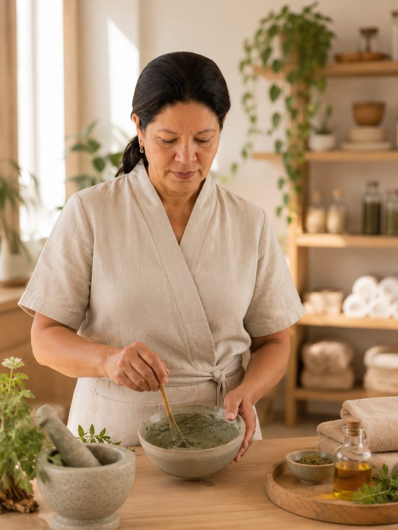 Elisregina Miranda preparando uma mistura de argila verde
